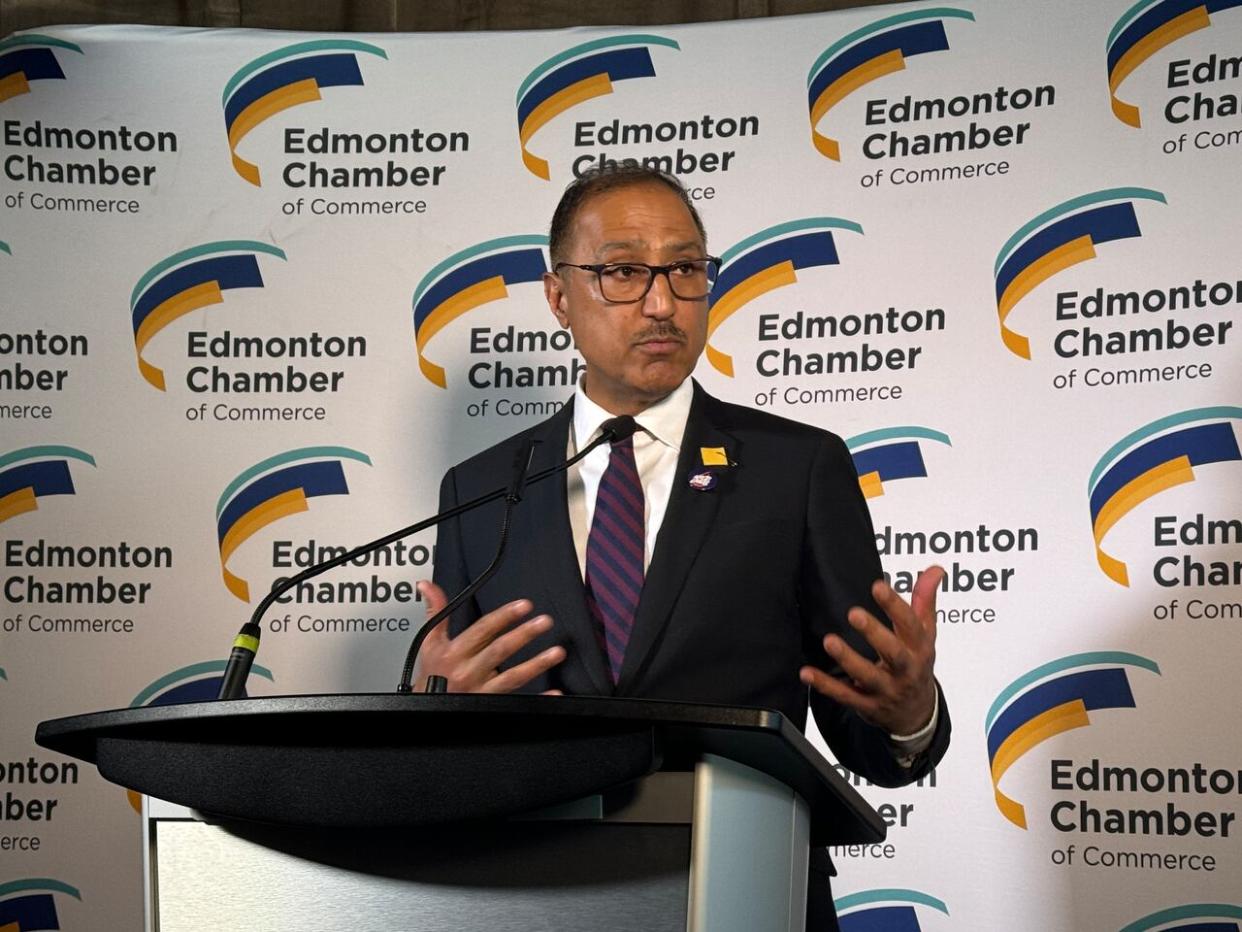 Edmonton Mayor Amarjeet Sohi takes questions from news media after his state of the city address on Friday at the Edmonton Convention Centre.  (Natasha Riebe/CBC - image credit)