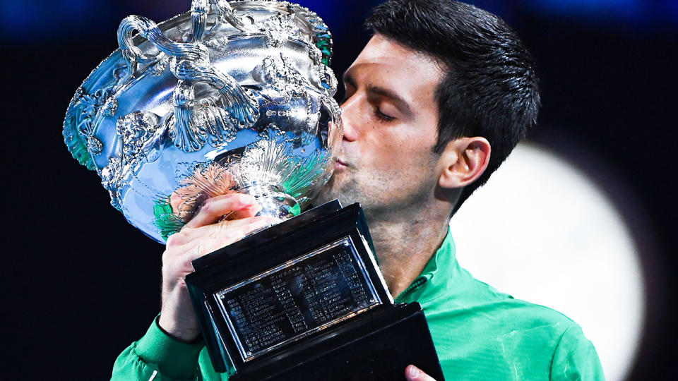 Novak Djokovic, pictured here celebrating with the Australian Open trophy. 