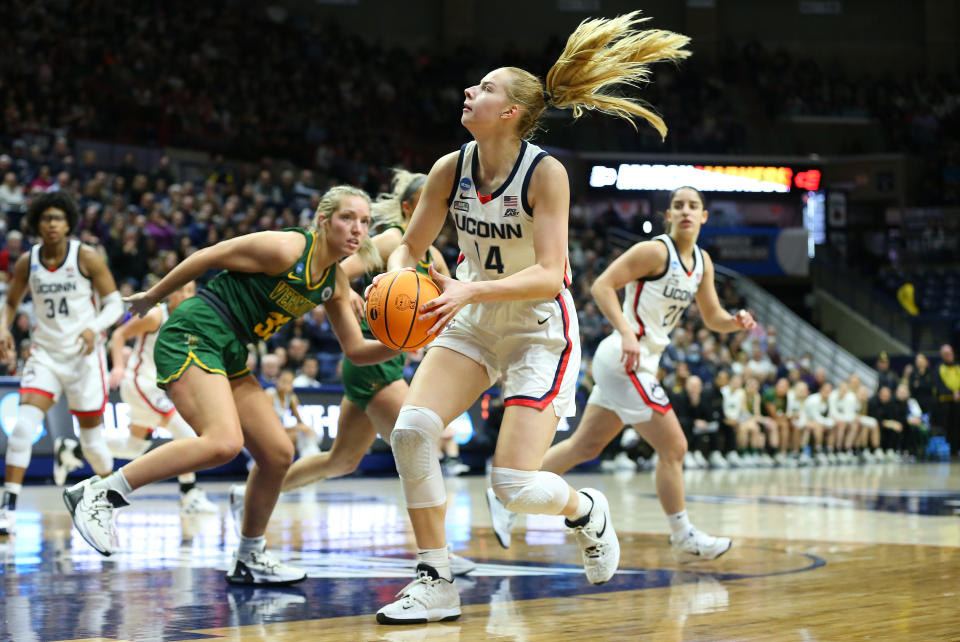 UConn forward Dorka Juhasz looks for a shot against Vermont in the first round of the NCAA women's tournament's Seattle 3 region on March 18, 2023, at Gampel Pavilion in Storrs, Connecticut. (M. Anthony Nesmith/Icon Sportswire via Getty Images)