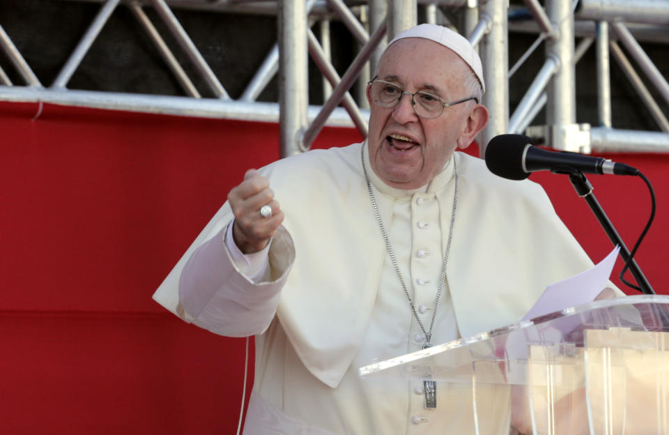 Pope Francis speaks to volunteers who worked at the World Youth Day event, before his departure in Panama City, Sunday, Jan. 27, 2019. (AP Photo/Tito Herrera)