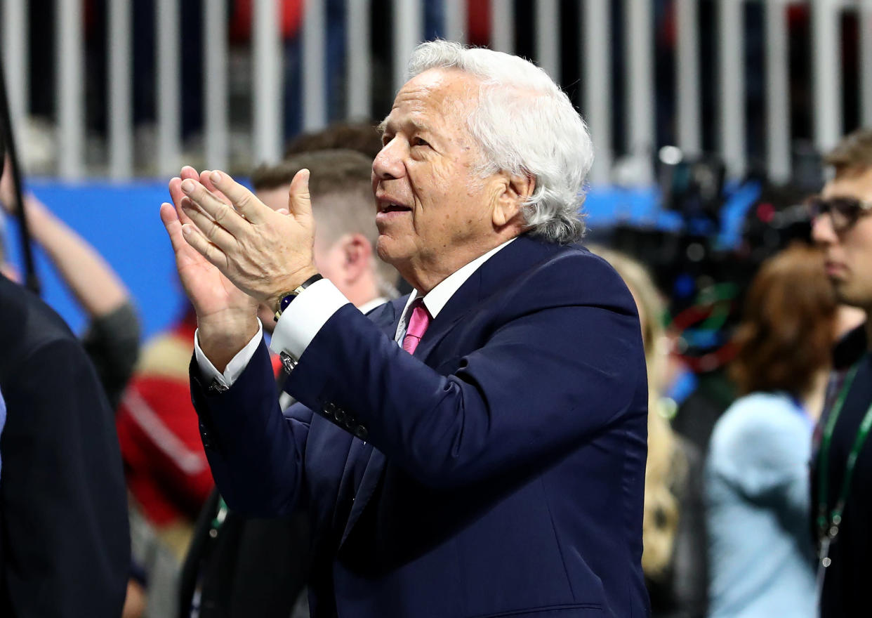 ATLANTA, GEORGIA - FEBRUARY 03:  Owner Robert Kraft of the New England Patriots reacts prior to Super Bowl LIII against the Los Angeles Rams at Mercedes-Benz Stadium on February 03, 2019 in Atlanta, Georgia. (Photo by Al Bello/Getty Images)