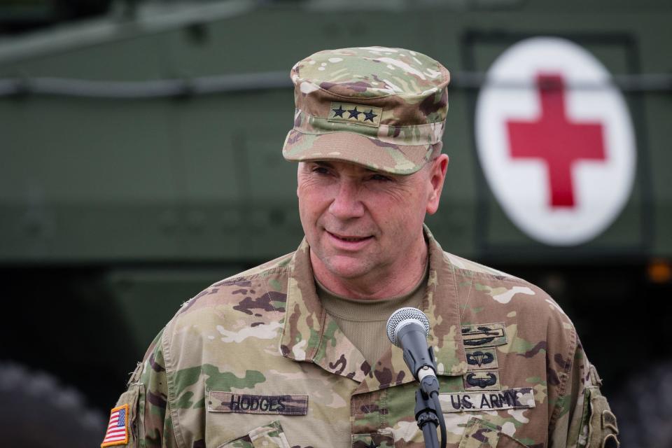 Lieutenant General Ben Hodges, commanding general of the US Army in Europe is seen during a press conference after NATO Saber Strike military exercises on June 16, 2017 in Orzysz, Poland. / Credit: WOJTEK RADWANSKI/AFP/Getty