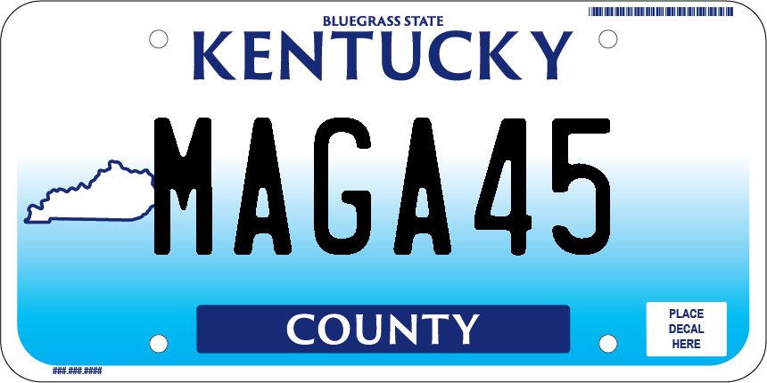 A mock-up of a Kentucky license plate displaying "MAGA45." A request for a personalized license plate with that phrase was rejected by the Kentucky Transportation Cabinet in November 2022.