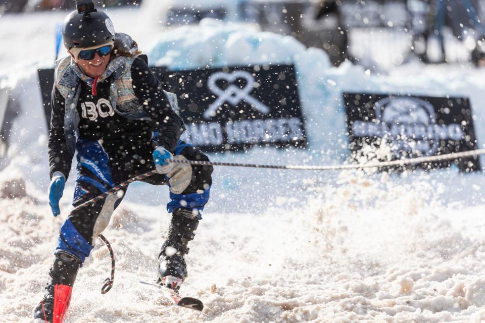 Bryan Coll recovers after losing his balance off a jump during the 2024 Utah Skijoring competition at the Wasatch County Event Complex in Heber City on Saturday, Feb. 17, 2024. Coll and his rider secured first place in the sport division. | Marielle Scott, Deseret News