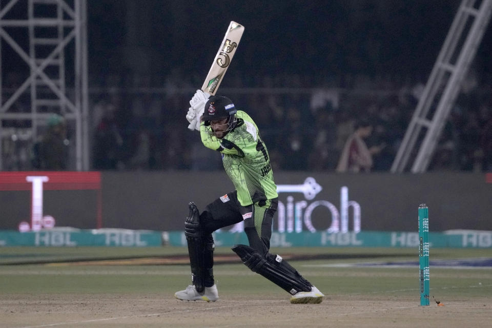 Lahore Qalandars' Jahandad Khan plays a shot during the Pakistan Super League T20 cricket match between Quetta Gladiators and Lahore Qalandars, in Lahore, Pakistan Monday, Feb. 19, 2024. (AP Photo/K.M. Chaudary)