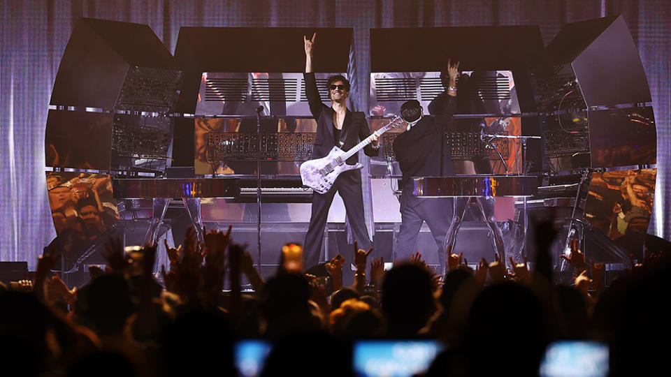 INDIO, CALIFORNIA - APRIL 15: (L-R) Dave 1 and P-Thugg of Chromeo perform at the Outdoor Theatre during the 2023 Coachella Valley Music and Arts Festival on April 15, 2023 in Indio, California. (Photo by Arturo Holmes/Getty Images for Coachella)