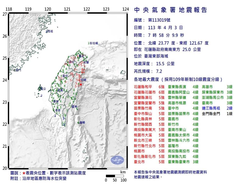 台灣東部外海規模7.2地震。（圖：中央氣象署提供）