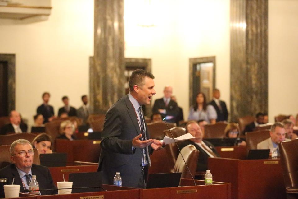 Sen. Win Stoller, R-Germantown Hills, rises in opposition to the budget implementation bill, House Bill 3817, on Thursday, May 25, 2023.