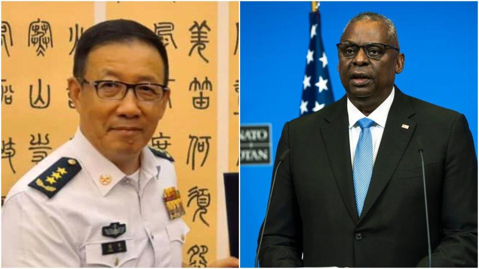 美國國防部長奧斯汀與中國國防部長董軍16日進行視訊通話。（翻攝自臉書＠Republic of Singapore Navy、X＠SecDef）