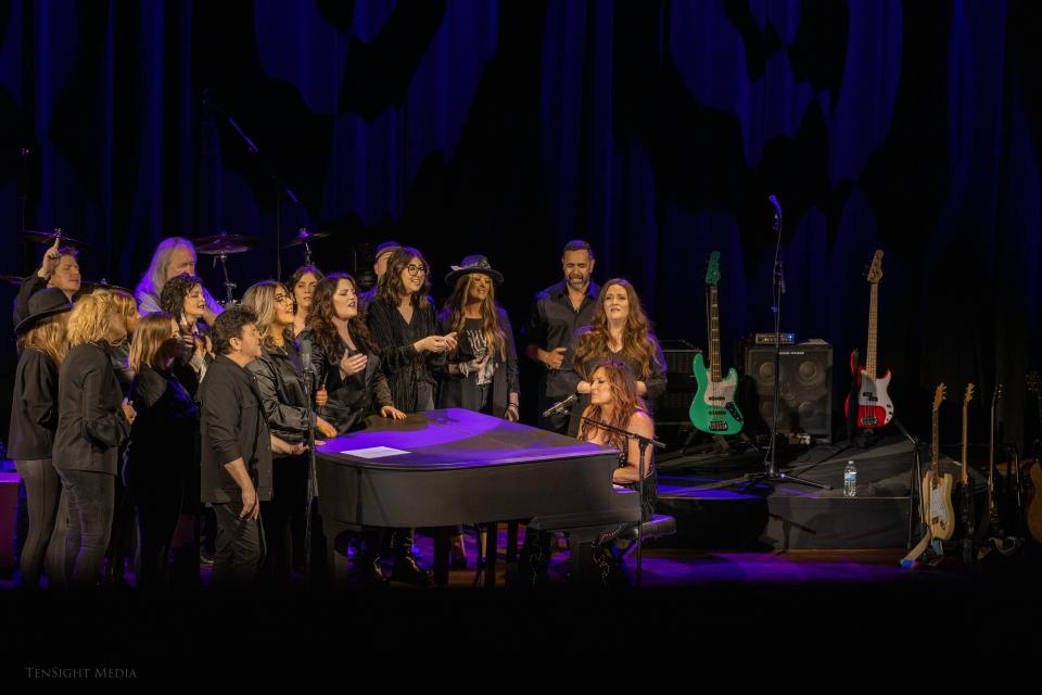 Jo Dee Messina performs alongside the choir from Gallatin, Tennessee's Three Oaks Church at the Ryman Auditorium, April 27, 2024