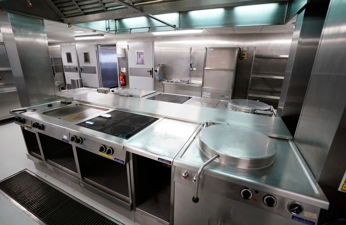 A view of the kitchen on board the Bibby Stockholm (AP)