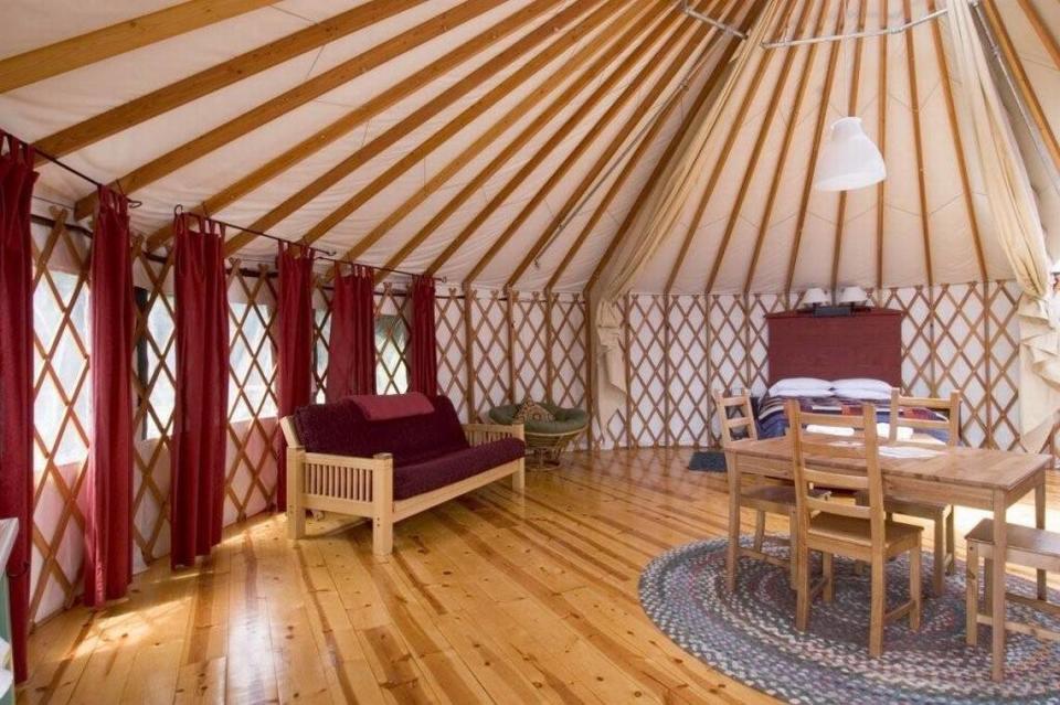 The yurts at Treebones Resort in Big Sur feature pine wood floors, queen-sized beds, an electric fireplace and afford great views of the ocean.