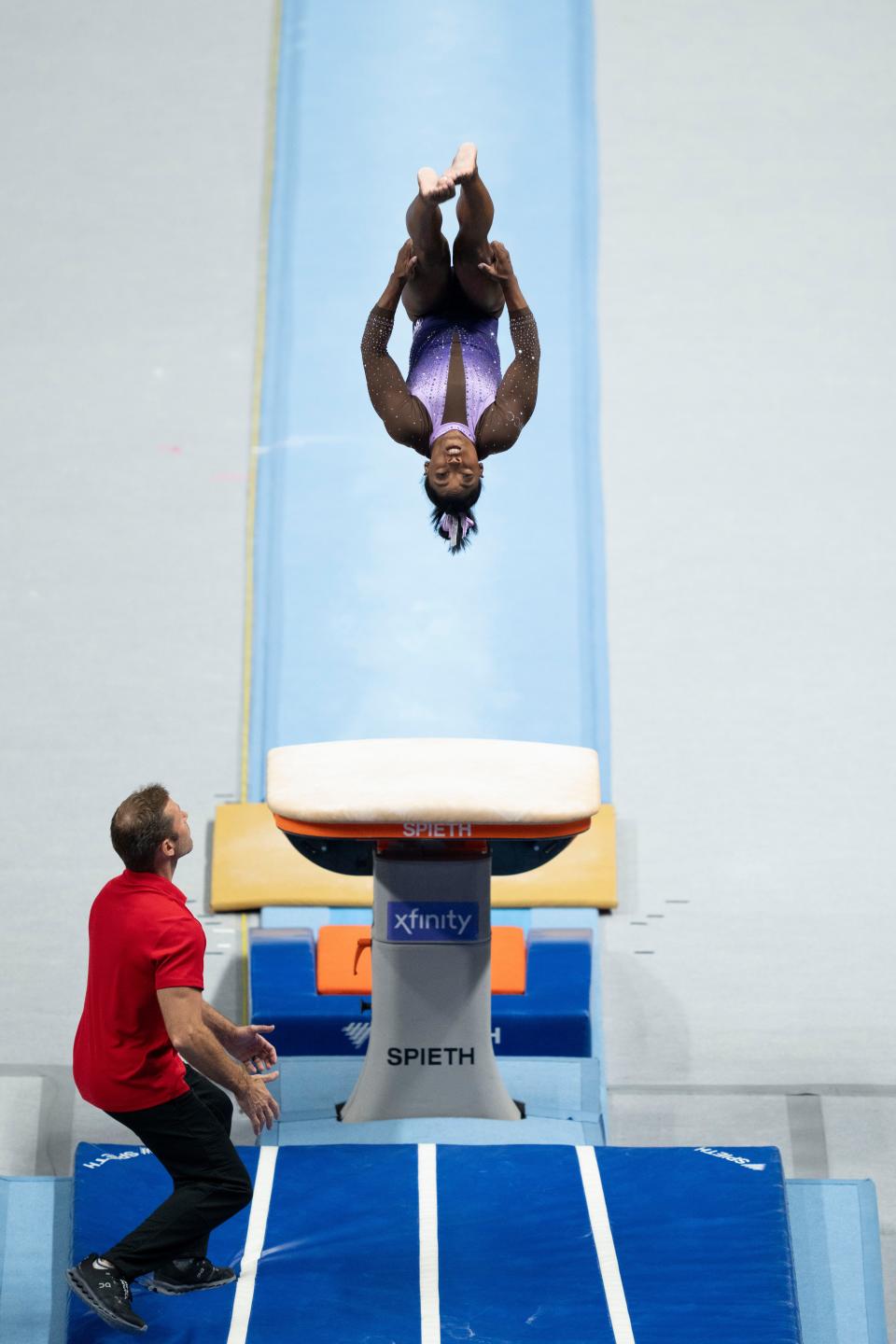 Simone Biles performs on the vault during the 2023 U.S. Gymnastics Championships at SAP Center.