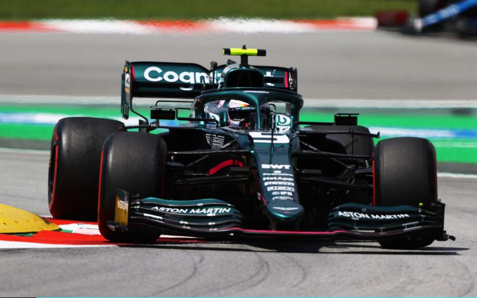 Sebastian Vettel of Germany driving the (5) Aston Martin AMR21 Mercedes on track during practice for the F1 Grand Prix of Spain at Circuit de Barcelona-Catalunya on May 07, 2021 in Barcelona, Spain. - Photo by Bryn Lennon/Getty Images)