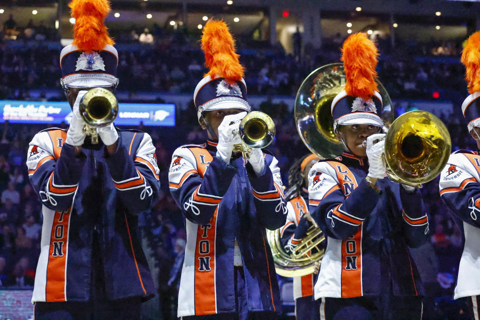 Feb 2, 2024; Oklahoma City, Oklahoma, USA; Members of Langston University Marching Pride Band perform during halftime of a game between the Charlotte Hornets and Oklahoma City Thunder as part of their HBCU Night at Paycom Center. Mandatory Credit: Alonzo Adams-USA TODAY Sports