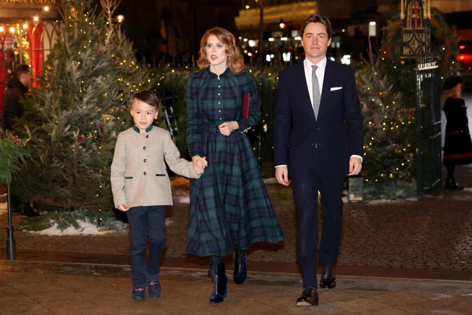 <p>Chris Jackson/Getty Images</p> Christopher Woolf, Princess Beatrice and Edoardo Mapelli Mozzi attend Christmas concert on Dec. 8, 2023