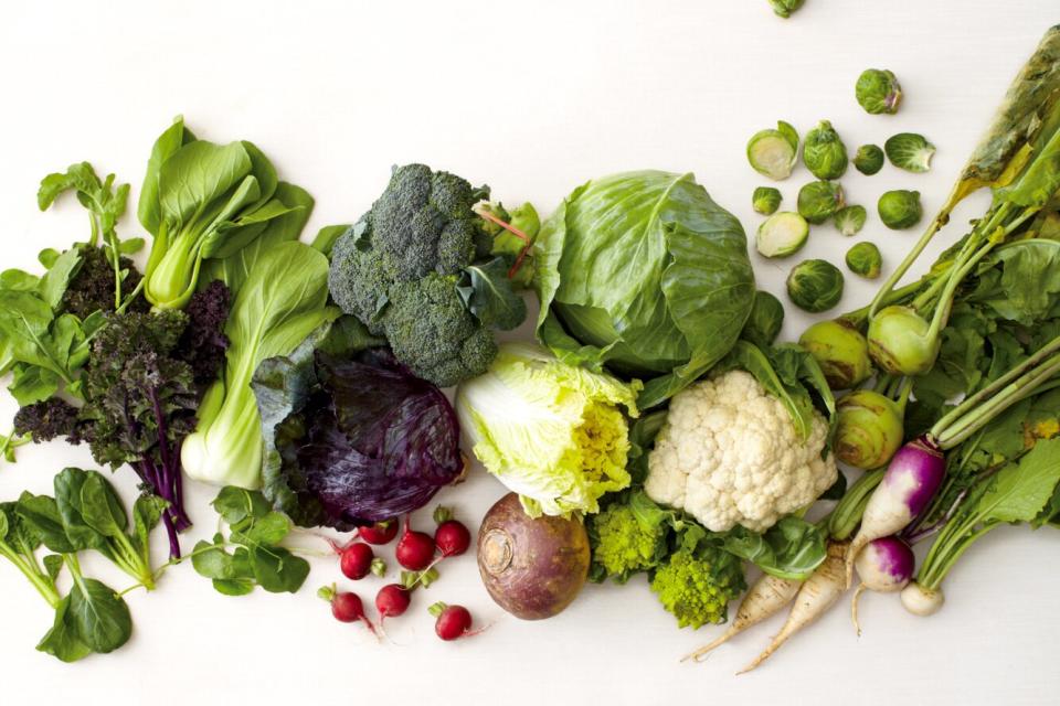 Vegetables, broccoli, turnips, cauliflower, lettuce, etc. laid out on a white surface