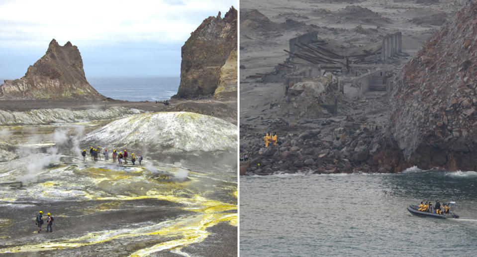 Before and after photos of a colourful White Island (left) and a charred island (right). 
