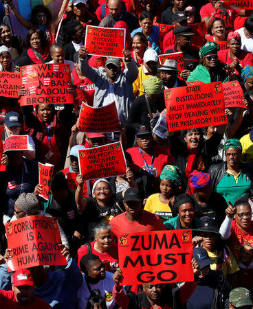 Protesters attend a demonstration organised by The Congress of South African Trade Unions (COSATU) which are pushing for a nationwide strike to protest against corruption, in Cape Town, South Africa September 27, 2017. REUTERS/Mike Hutchings