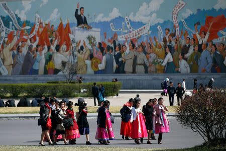 Women wear traditional clothes as North Korea prepares to mark Saturday's 105th anniversary of the birth of Kim Il-sung, North Korea's founding father and grandfather of the current ruler, in central Pyongyang, North Korea April 12, 2017. REUTERS/Damir Sagolj