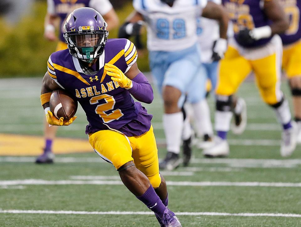 Ashland University's Malik Wooldridge (2) picks up yards after a reception against Northwood University during college football action at Jack Miller Stadium Saturday, Oct. 1, 2022. TOM E. PUSKAR/ASHLAND TIMES-GAZETTE