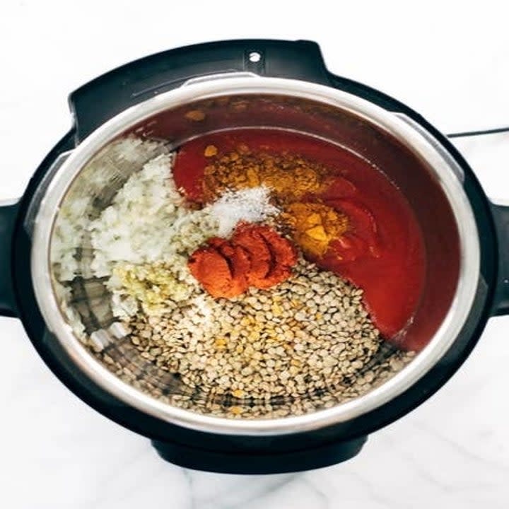 ingredients for lentil curry in an instant pot