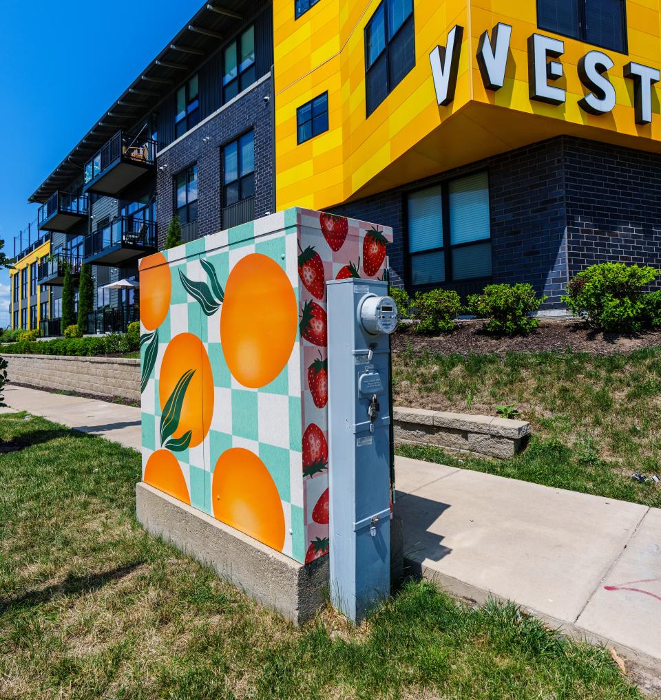 A utility box at 66th & National is wrapped with art by Lauren Budge as seen on Friday, July 21, 2023. The box is one of 11 selected for the City of West Allis public art utility box program.