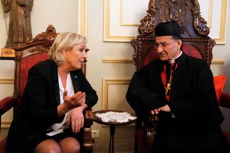 Marine Le Pen, French National Front (FN) political party leader and candidate for the French 2017 presidential elections, meets with Cardinal Bechara Boutros Rai of Lebanon, the Maronite Patriarch of Antioch and the Whole Levant, in Bkerke, north of Beirut, Lebanon February 21, 2017. REUTERS/Mohamed Azakir