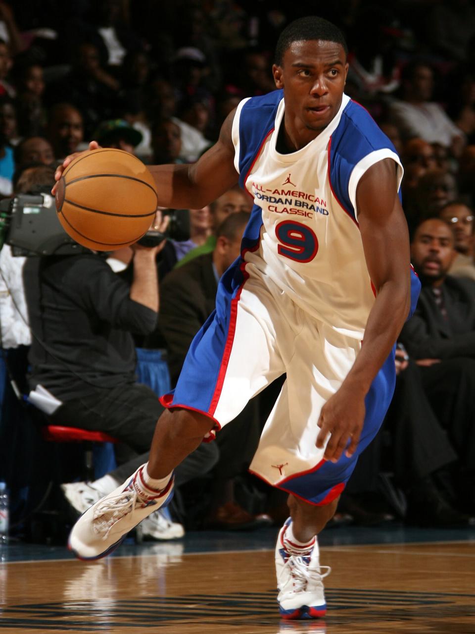 Jeffrey Jordan #9 of the Royal team pushes the ball upcourt against the Yellow team during the 2007 Jordan Brand All-American Classic at Madison Square Garden on April 21, 2007 in New York City