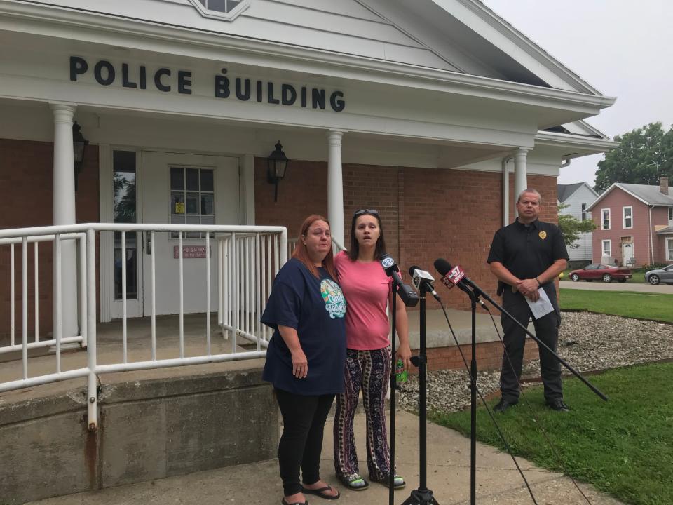 Mercedes Lain's grandmother, Angie Owens, left, and aunt, Stacy Milton, speak during a press conference outside the Plymouth Police Department on Tuesday Aug. 17, 2021.