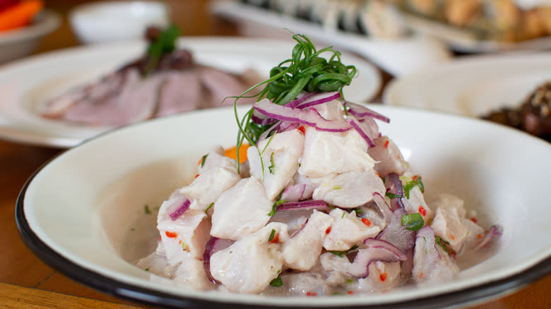 Ceviche towered in white bowl