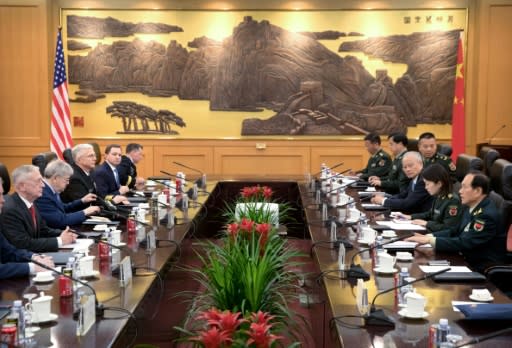 US Defense Secretary Jim Mattis (L, red tie) talks with China's Defence Minister Wei Fenghe (R) during their meeting
