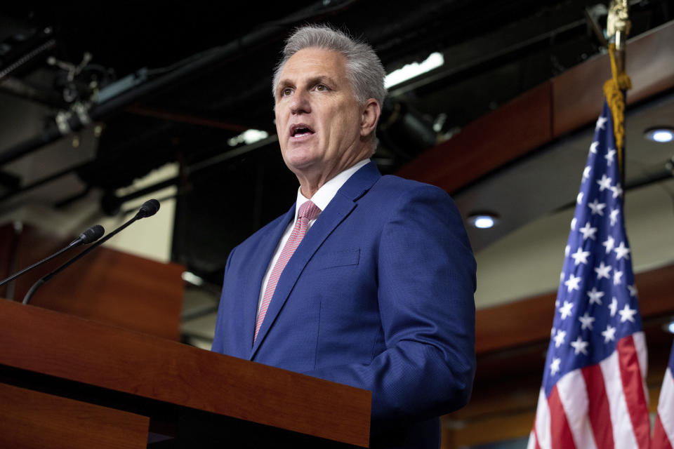 House Minority Leader Kevin McCarthy, R-Calif., speaks to reporters during his weekly press conference at the Capitol in Washington, Thursday, Jan. 13, 2022. McCarthy is refusing a request by the House panel investigating the U.S. Capitol insurrection to submit to an interview and turn over records pertaining to the deadly riot. McCarthy claims the investigation is not legitimate and accuses the panel of “abuse of power.” (AP Photo/Amanda Andrade-Rhoades)