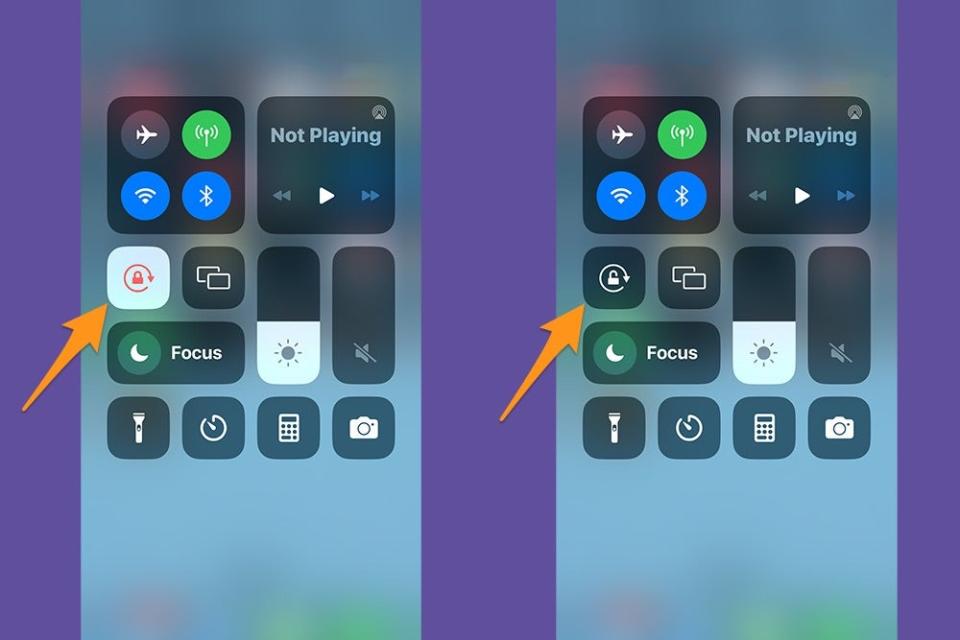 The iPhone's Control Center, showing what it looks like when the portrait orientation lock is enabled and when it's disabled.
