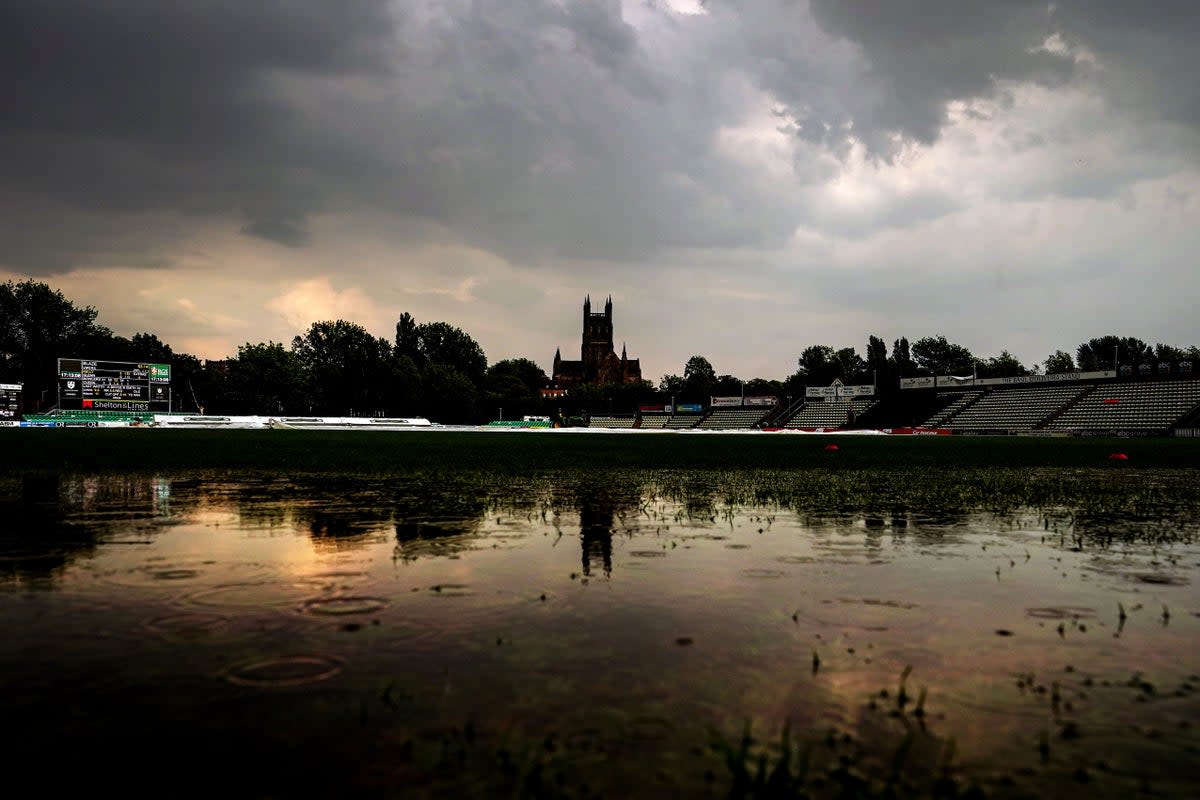 A flooded outfield, following a thunderstorm, during the Charlotte Edwards Cup final match at New Road, Worcester, June 10 (PA Wire)