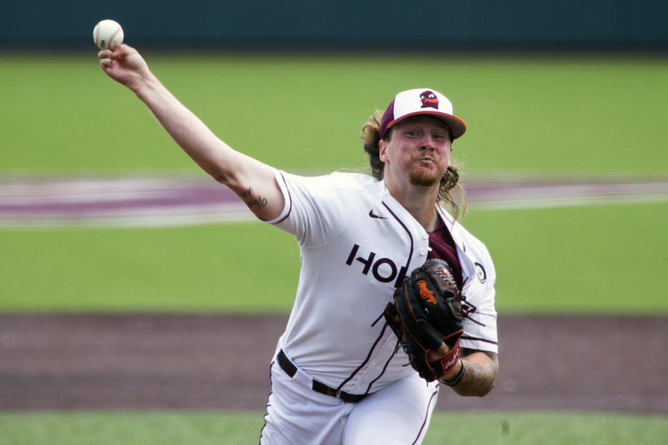 Virginia Tech's Jordan Geber (30) throws against Oklahoma in the second inning of an NCAA college baseball super regional game, Sunday, June 12, 2022, in Blacksburg, Va. (AP Photo/Scott P. Yates)