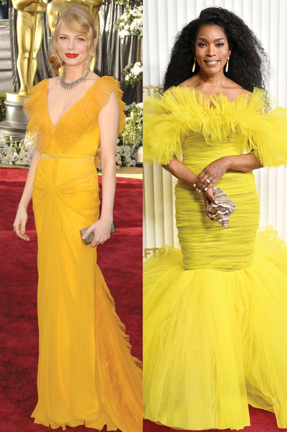 Michelle Williams at the 2006 Oscars in Vera Wang. Right: Angela Bassett at the 2023 SAG Awards in Giambattista Valli Couture.