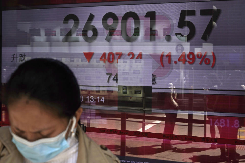 A woman walks past an electronic board showing the Hong Kong share index outside a local bank in Hong Kong, Monday, Feb. 24, 2020. Shares are falling in Asia after reports of a surge in new virus cases outside China. South Korea's Kospi led the decline on Monday, falling 3%, while benchmarks also fell in Sydney, Hong Kong and Shanghai. (AP Photo/Kin Cheung)