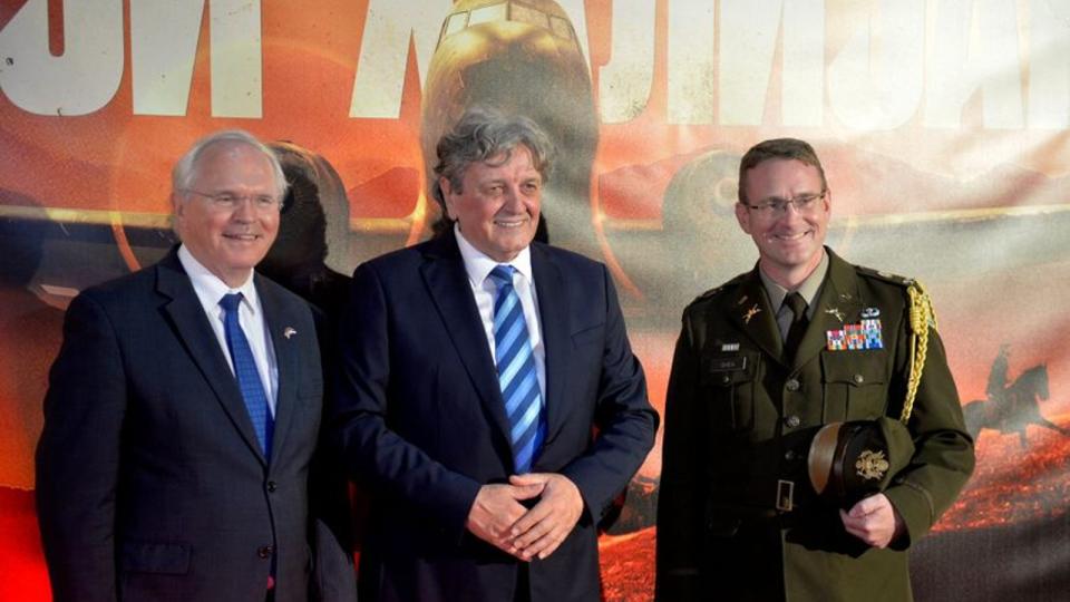 U.S. Ambassador to Serbia Christopher Hill (left) attending the world premiere of 'Heroes of Halyard' in Belgrade.
