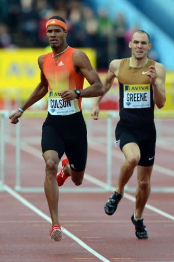 L-R: Puerto Rico's Javier Culson and Britain's Dai Greene compete in the men's 400m hurdles at the 2012 Diamond League athletics meet at Crystal Palace in London. Culson, unbeaten over the distance this season, romped home in 47.78secs