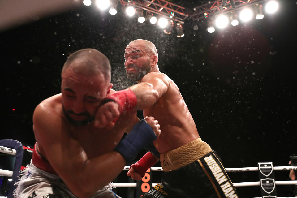 TAMPA, FL - JUNE 22: Artem Lobov catches Paulie Malignanni with a left hand during the Bare Knuckle Fighting Championships at Florida State Fairgrounds Entertainment Hall on June 22, 2019 in Tampa, Florida. (Photo by Alex Menendez/Getty Images)