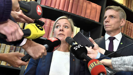 Sweden's Minister for Finance Magdalena Andersson comments along with Minister for Financial Markets and Consumer Affairs Per Bolund on Swedish bank Nordea's decision to move the headquarters from Stockholm to Finland during a press meeting in Stockholm, Sweden, September 6, 2017. TT NEWS AGENCY/ Claudio Bresciani via REUTERS
