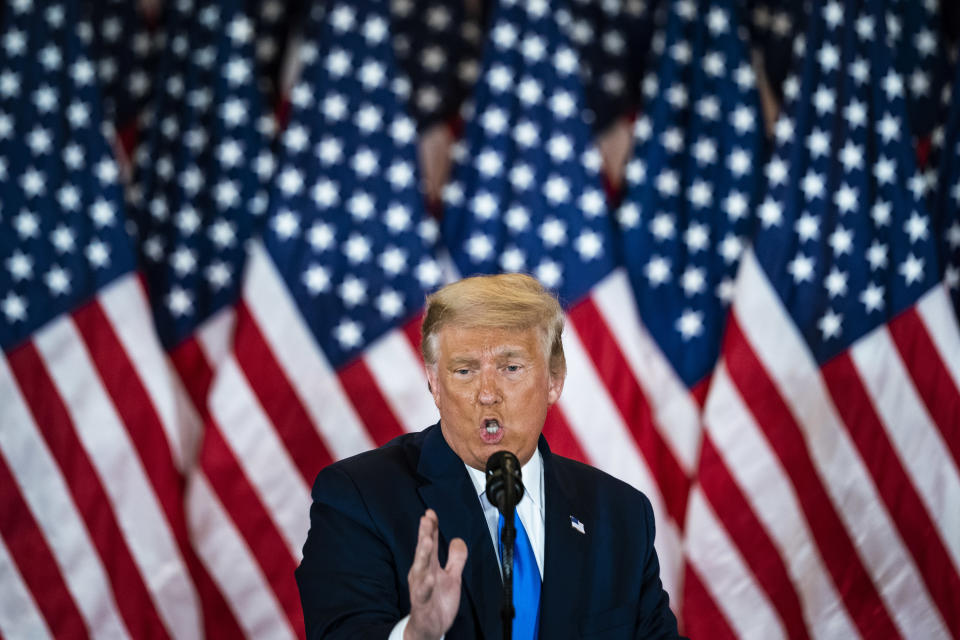 President Donald Trump speaks in the White House on election night 2020.