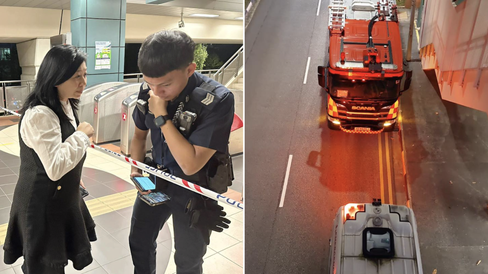 Pasir Ris–Punggol GRC MP Yeo Wan Ling speaking to a SPF officer and a fire engine and ambulance by Cove LRT station