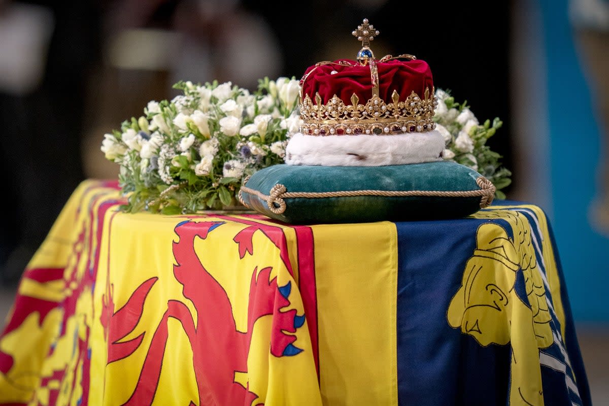 The Scottish crown rests on top of the coffin during the Service of Prayer and Reflection for the Life of Queen Elizabeth II at St Giles’ Cathedral, Edinburgh (Jane Barlow/PA) (PA Wire)