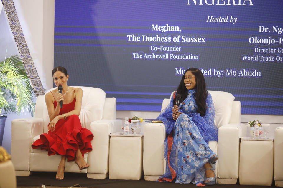 ABUJA, NIGERIA - MAY 11: (EDITORIAL USE ONLY) Meghan, Duchess of Sussex speaks at a Women in Leadership event co-hosted with Ngozi Okonjo-Iweala on May 11, 2024 in Abuja, Nigeria. (Photo by Andrew Esiebo/Getty Images for The Archewell Foundation)