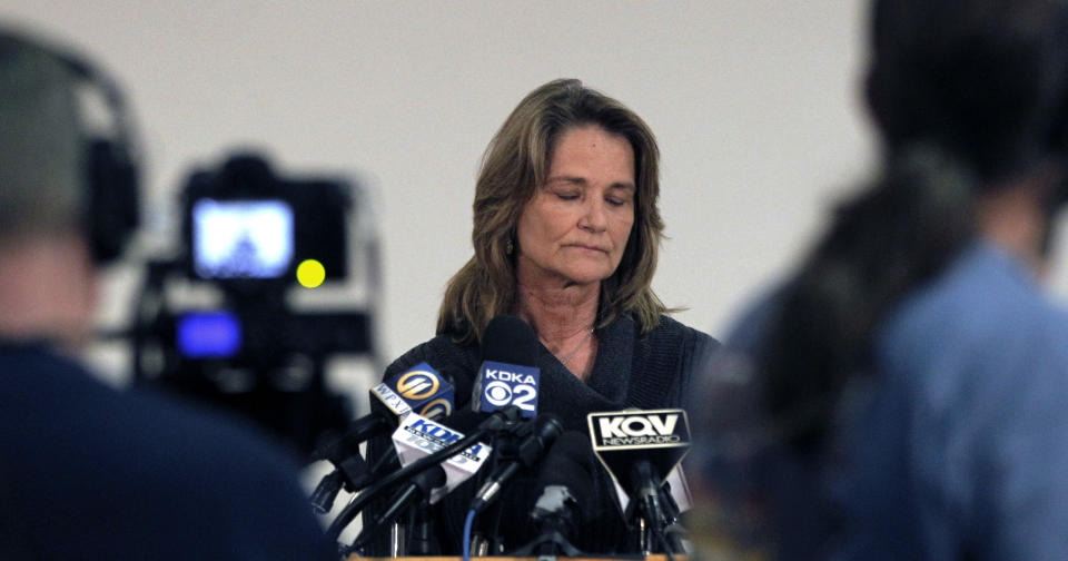 Barbara Baker, CEO and president of the Pittsburgh Zoo and PPG Aquarium pauses as she answers questions during a news conference on Monday, Nov. 5, 2012, in Pittsburgh. Zoo officials said a young boy was killed after he fell into an African wild dog exhibit and the dogs mauled him on Sunday, Nov. 4, 2012. (AP Photo/Keith Srakocic)