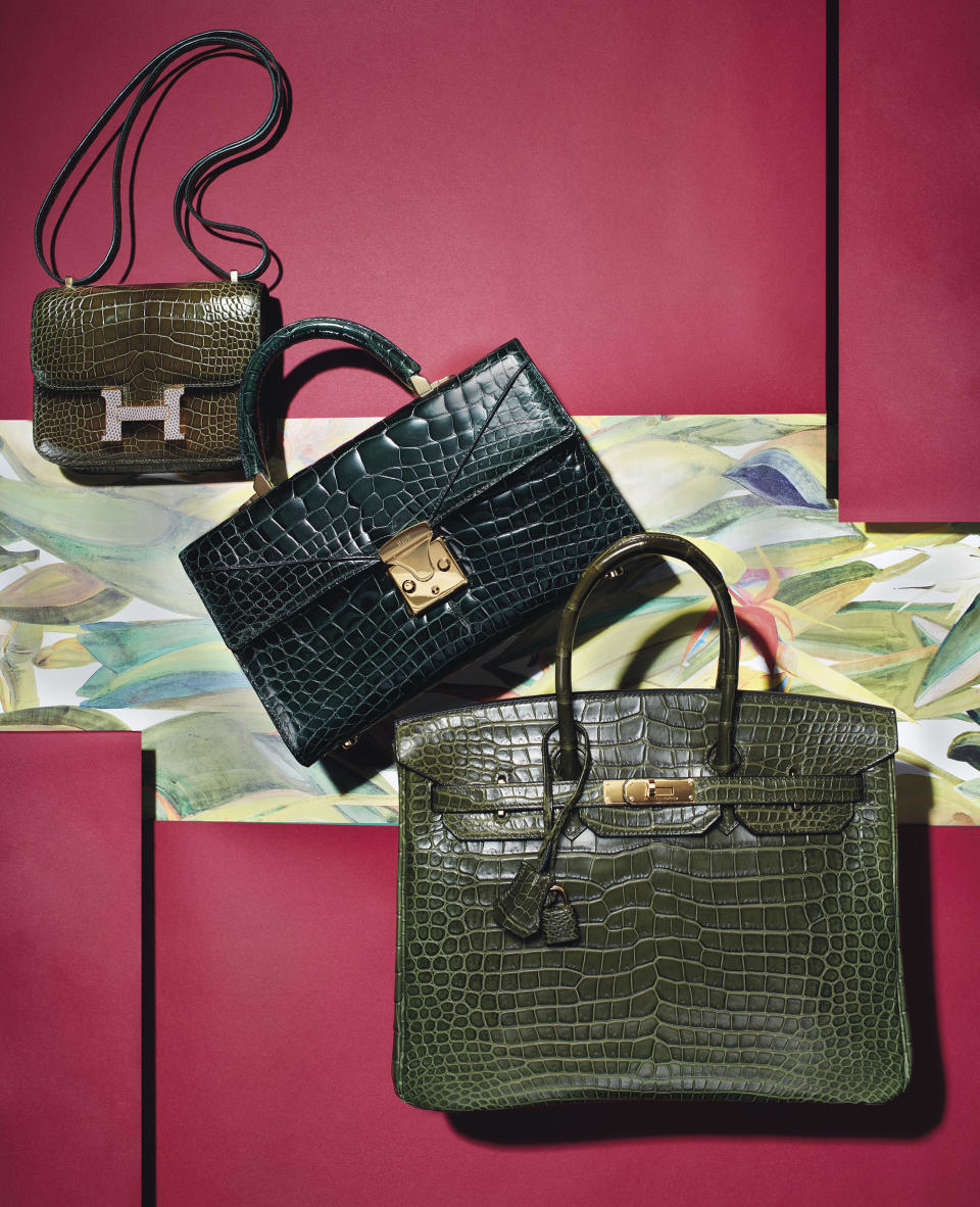 <p><em>Bottom right: </em></p><p><strong>Hermès</strong> matte vert Veronese crocodile Birkin 35 with gold hardware</p><p><strong>Year:</strong> 2015</p><p><strong>Estimate:</strong> $35,000 - $45,000</p><p><strong>Grade:</strong> 1 (as new)</p><p><a rel="nofollow noopener" href="https://onlineonly.christies.com/s/handbags-accessories/matte-vert-veronese-porosus-crocodile-birkin-35-gold-hardware-55/50480" target="_blank" data-ylk="slk:More Info;elm:context_link;itc:0;sec:content-canvas" class="link ">More Info</a><br></p>