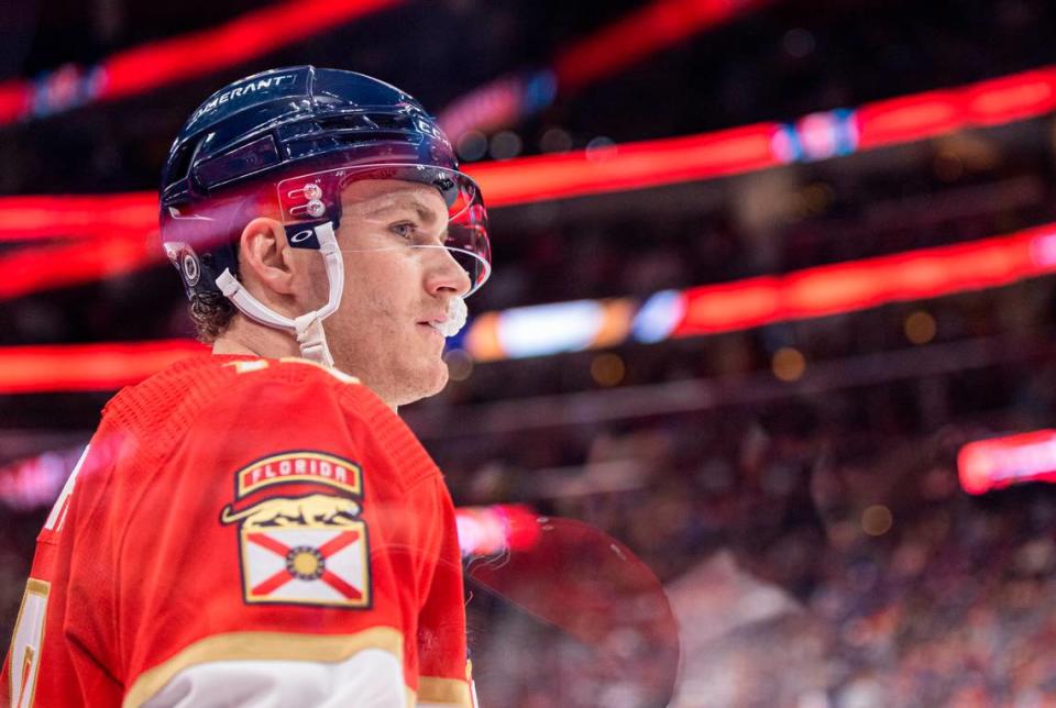 Florida Panthers left wing Matthew Tkachuk (19) looks on during the first period of an NHL game against the Los Angeles Kings at the FLA Live Arena on Friday, Jan. 27, 2023, in Sunrise, Fla. MATIAS J. OCNER/mocner@miamiherald.com