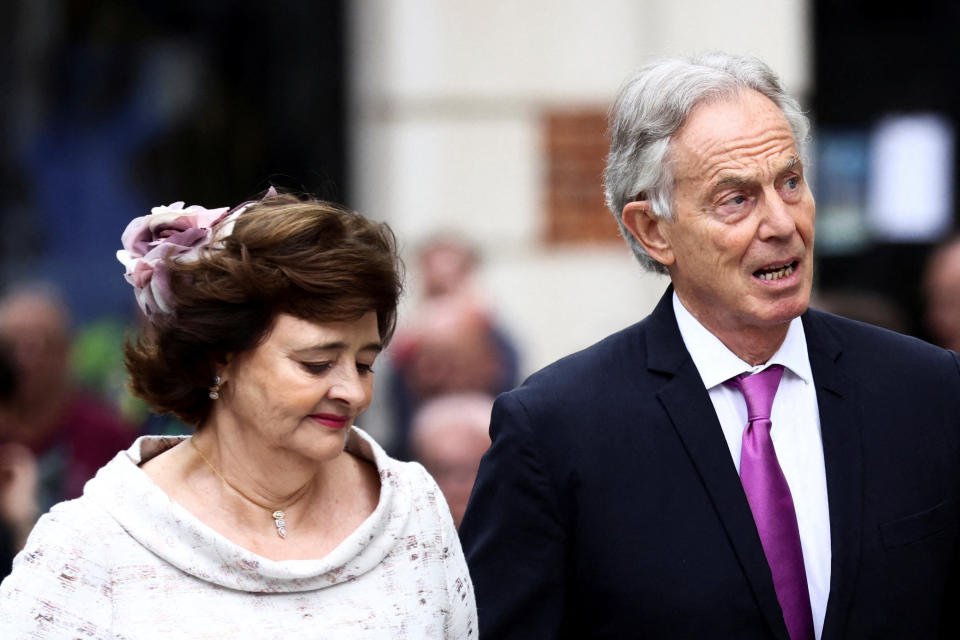 Former Britain's Prime Minister Tony Blair and his wife Cherie Booth arrive to attend the National Service of Thanksgiving for The Queen's reign at Saint Paul's Cathedral in London on June 3, 2022 as part of Queen Elizabeth II's platinum jubilee celebrations. - Queen Elizabeth II kicked off the first of four days of celebrations marking her record-breaking 70 years on the throne, to cheering crowds of tens of thousands of people. But the 96-year-old sovereign's appearance at the Platinum Jubilee -- a milestone never previously reached by a British monarch -- took its toll, forcing her to pull out of a planned church service. (Photo by HENRY NICHOLLS / POOL / AFP) (Photo by HENRY NICHOLLS/POOL/AFP via Getty Images)